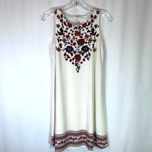 Xhilaration Mini Dress Size S Cream Boho Floral High Neck Cut Out Back - Picture 1 of 11